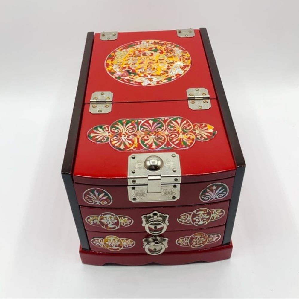 Vtg Asian Red Lacquer Jewelry Chest w/ Mother-of-Pearl Inlay, 3 Drawers & Mirror